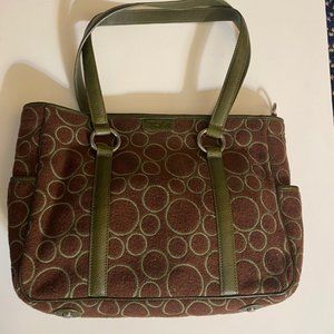 Tumi Vintage Cloth / Leather Brown / Green Handbag w/ Mini Cosmetics Pouch